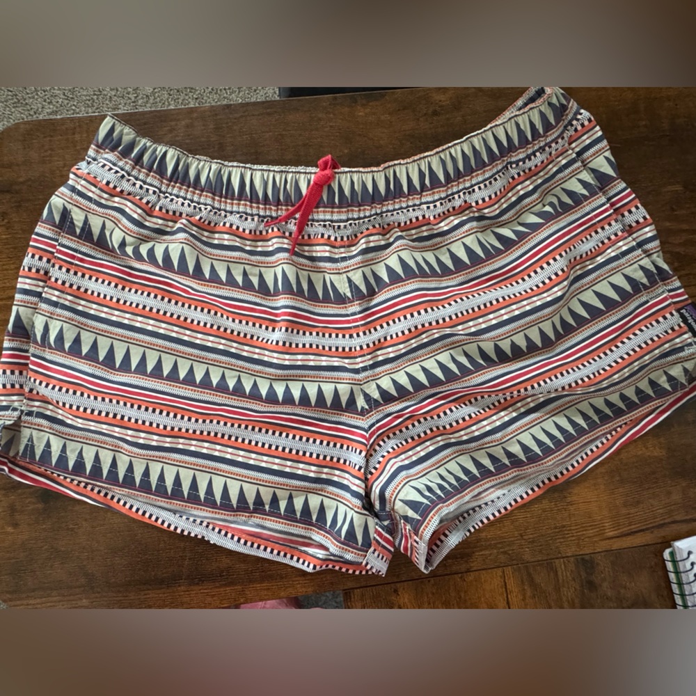 Patagonia Women's Coral, Navy & Cream Striped Athletic Shorts